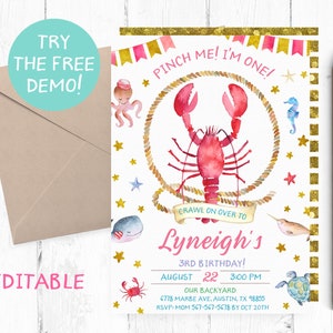 Crawfish Birthday Invitation, Pinch Me I&#39;m Two Invitations, Crawfish Invites, Crawfish Invite, Crawfish Birthday Party Invitations, Digital