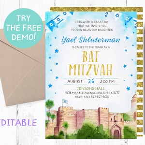 Bat Mitzvah Invitations, Bat Mitzvah Invitation, Bat Mitzvah Printable Invitation, Bat Mitzvah Digital, Bat Mitzvah Jerusalem Invitation,