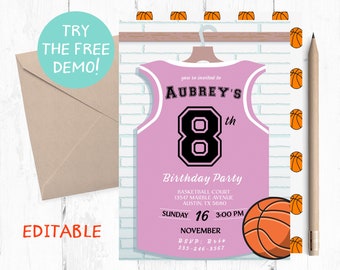 Sjabloon uitnodiging verjaardagsfeestje meisjesbasketbal (bewerkbare tekst)