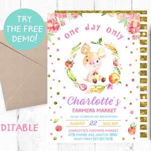 May include: A pink and gold invitation with a watercolor illustration of a pig surrounded by vegetables and flowers. The text reads "one day only Charlotte's Farmers Market as we celebrate her 3rd birthday August 22 11:00 AM Charlotte's Farmers Market 6778 Marbe Ave, Austin 78960 RSVP: Mom 567-567-5678"