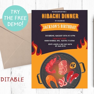 Invitación editable Hibachi, invitación de fiesta de Hibachi, invitación de cumpleaños de la cena hibachi, hibachi invitación descarga instantánea, plantilla Hibachi