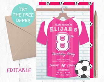 Modello di invito di compleanno a tema calcio rosa (5x7 pollici)