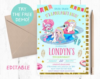 Unicorn Mermaid Pool Party Invitation (PDF)