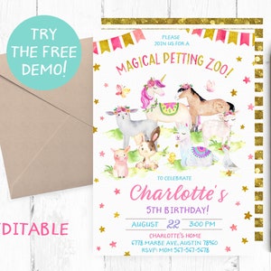 Magical Petting Zoo Invitation, Magical Petting Zoo Birthday Party, Unicorn Petting Zoo Invitations, Magical Farm Animals Invitation,