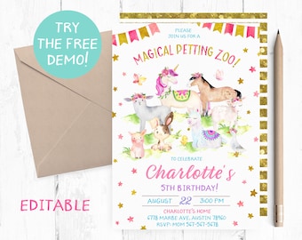 Magical Petting Zoo Invitation, Magical Petting Zoo Birthday Party, Unicorn Petting Zoo Invitations, Magical Farm Animals Invitation,