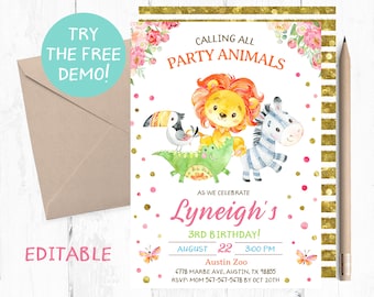 Watercolor Zoo Animals Birthday Invitation (Digital Download)