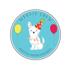 May include: A circular graphic featuring a white Westie dog wearing a party hat and string lights. The dog is set against a light blue background with the text "WESTIE CREW" and "BEAUTIFUL MODERN PRINTABLES". Two balloons, one yellow and one pink, are also present.