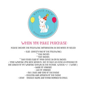 May include: A circular design with a white dog wearing a party hat and a string of lights, with two balloons. The text "WESTIE CREW" and "BEAUTIFUL MODERN PRINTABLES" are also included. The text "WHEN YOU MAKE PURCHASE" is also included.