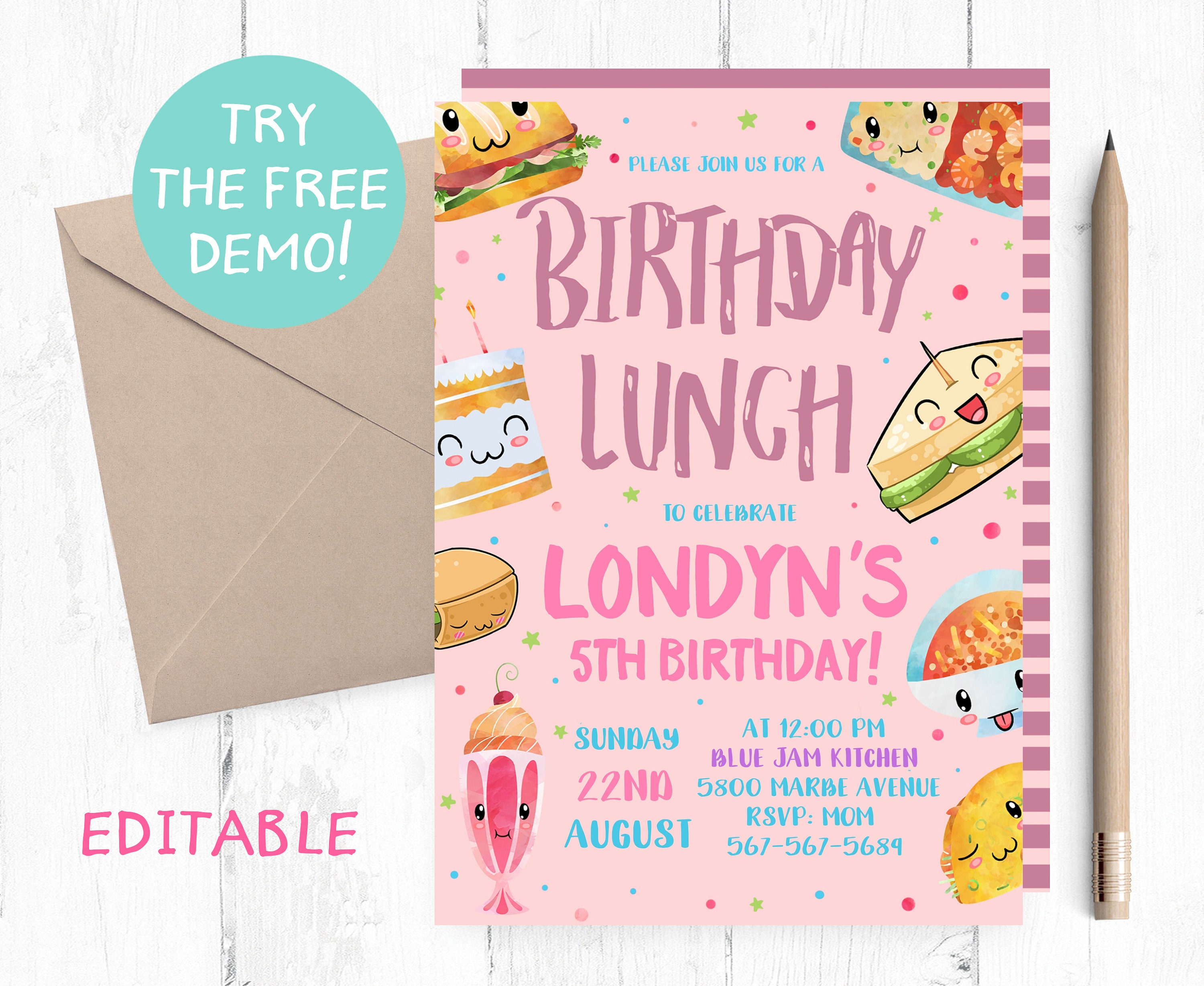 Editable Lunch Invitation Kids Lunch Birthday Party Invite - Etsy