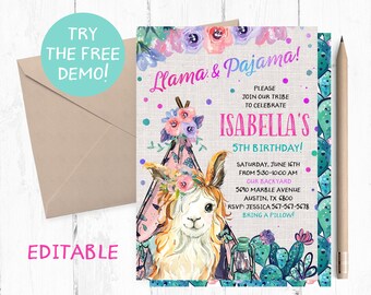 Editable Llama Pajama Birthday Invitation: Sleepover Party (PDF)