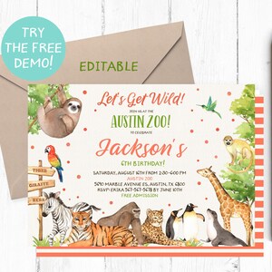 Editable Boy Zoo Invitation, Zoo Birthday Party Invitation, Zoo Boy Invitation Instant Download, Zoo Animals Invitation, Zoo Template,