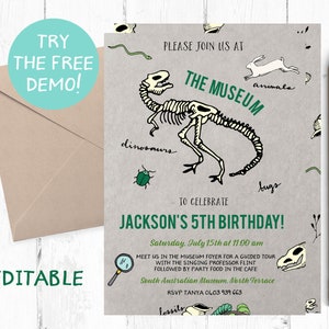 May include: A green and white invitation to a dinosaur themed 5th birthday party at the museum. The invitation features a dinosaur skeleton, a magnifying glass, and the text "Jackson's 5th Birthday!"