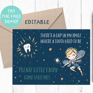 May include: A navy blue tooth fairy card with a smiling tooth illustration and the text "THERE'S A GAP IN MY SMILE WHERE A TOOTH USED TO BE". Includes a fairy illustration and the text "PLEASE LITTLE FAIRY COME VISIT ME!"