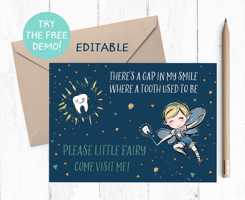 May include: A navy blue tooth fairy card with a smiling tooth illustration and the text "THERE'S A GAP IN MY SMILE WHERE A TOOTH USED TO BE". Includes a fairy illustration and the text "PLEASE LITTLE FAIRY COME VISIT ME!"