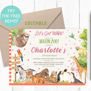 Editable Girl Zoo Birthday Invitation, Zoo Invites, Girl Zoo Invitation Instant Download, Girl Zoo Animals Party, Wild Animals Invitation,