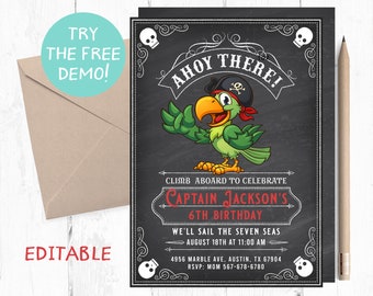 Pirate Birthday Invitation, Editable Parrot Design (PDF)