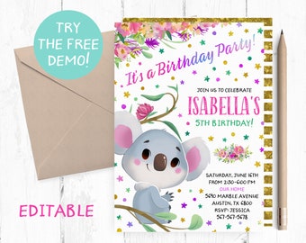 Editable Koala Invitation, Koala Editable Template, Koala Invitations Instant Download, Cute Koala Birthday Party Invite, Koala Digital,