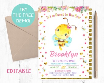Little Bee Birthday Invitation, First Birthday Party (PDF)