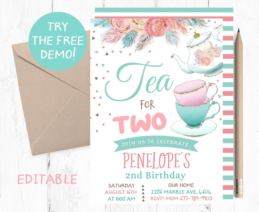 Tea for TWO Invitation, Tea Second Birthday Party Invitation, Tea