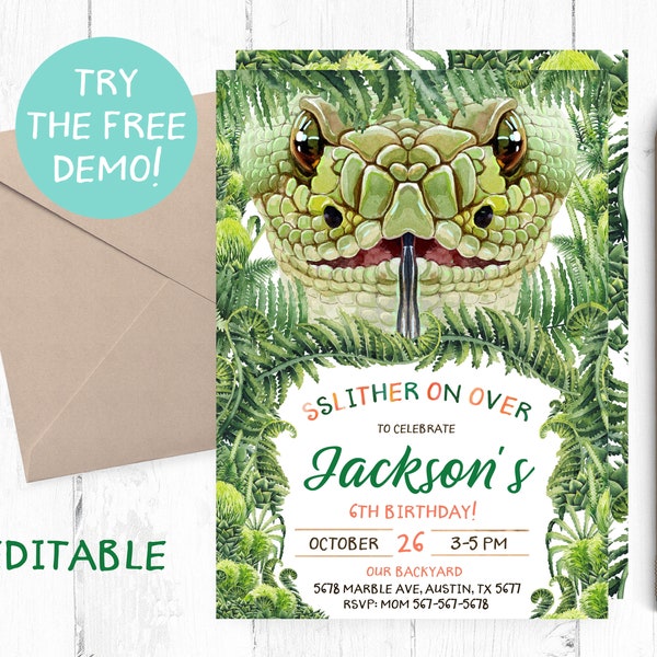 Snake Birthday Invitation Boy: Reptile Party Invite (Printable)
