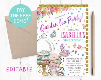 Editable Garden Tea Party Invitation, Butterfly Tea Invitation Template, Tea Party Editable Invitations, Tea Birthday Party Instant Download