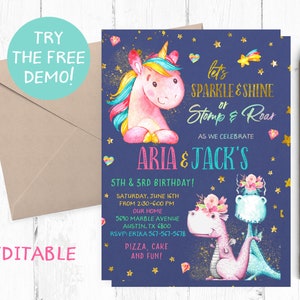 Unicorns and Dinosaurs Birthday Invitation, Unicorn and Dinosaur Invitations, Unicorn Dinosaur Party Invites, Unicorns Dinosaur Invite,