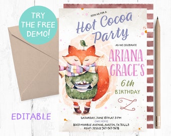Hot Cocoa Fox Birthday Invitation, Winter Party (PDF)