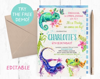 Editable Reptile Party Template, Girl Animal Show Party Invitation, Reptiles Party Template, Girl Reptile Show Party Invitation, Lizard,