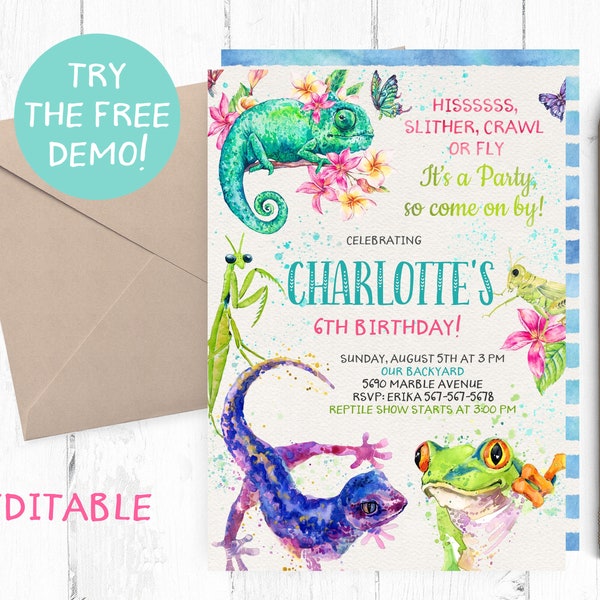 Editable Reptile Party Template, Girl Animal Show Party Invitation, Reptiles Party Template, Girl Reptile Show Party Invitation, Lizard,