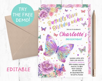 Editable Butterfly Template, Butterfly Kisses and Birthday Wishes, Butterflies Invitation Instant Download, Butterfly Birthday Party, Invite