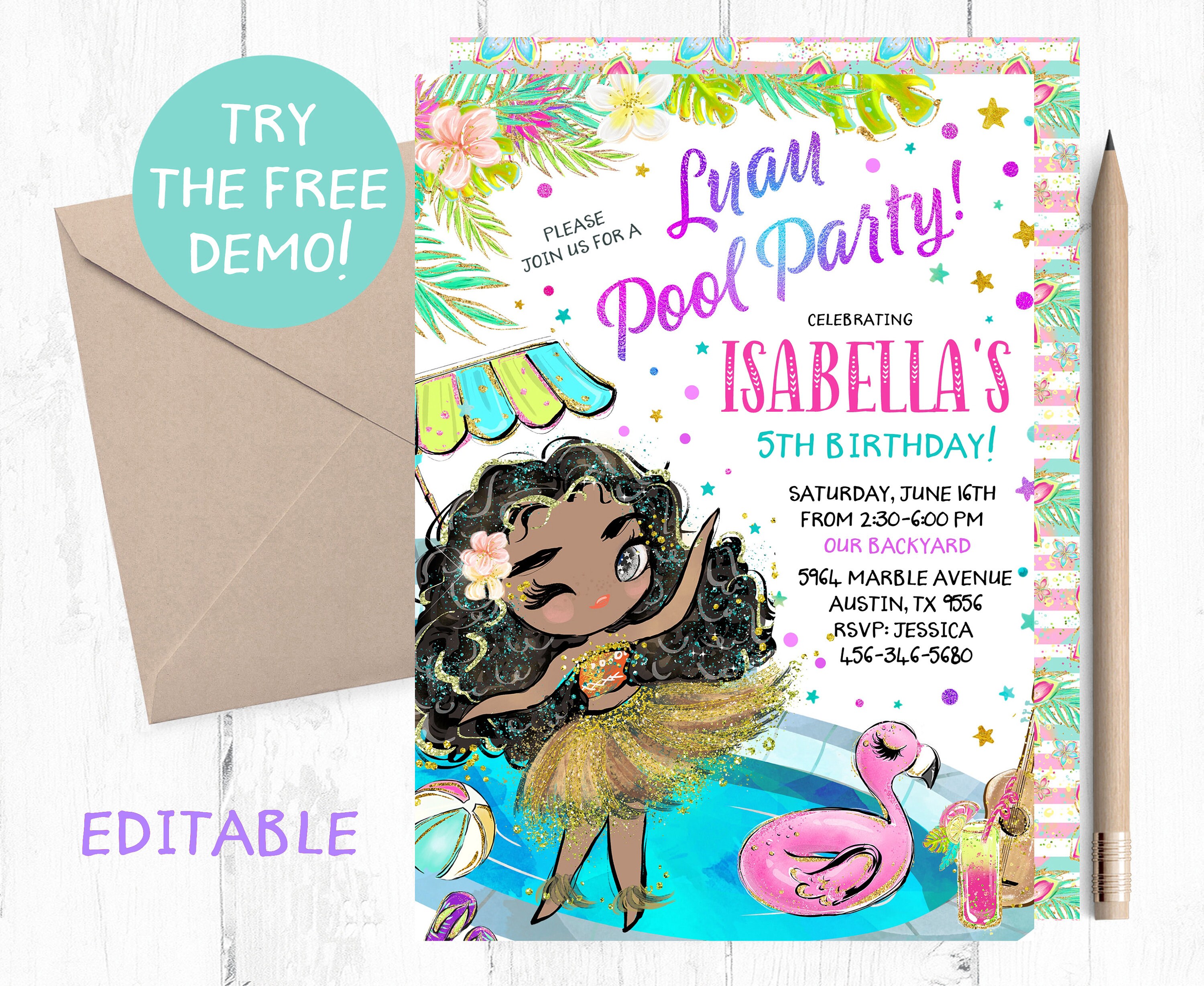 Editable Black Girl Luau Pool Party Invitation Pool Luau Etsy 日本