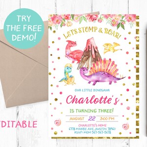 Cute Dinosaur Invitation, Girl Dinosaur Invitation, Dinos Invitations, Dinosaur Dig Party Invitations, Dinosaur Invitations, Dino Invite,