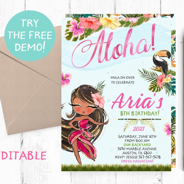 Editable Girl Luau Invitation, Luau Girl Birthday Party Invitation Template, Hawaiian Girl Instant Template, Hawaiian Girl Invitation,