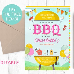 Editable Girl BBQ Invitation, BBQ Invitation Instant Download, Girl BBQ Birthday Party Invitation, Girl Barbecue Birthday, Bbq Template,