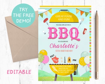 Girl BBQ Birthday Invitation, Editable Template (5x7 inches)