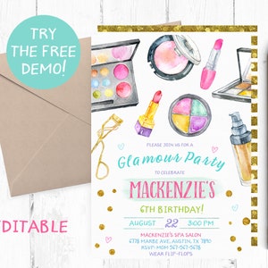 Op de afbeelding: Een roze en blauwe uitnodiging met gouden glitteraccenten voor een Glamour Party om de 6e verjaardag van Mackenzie te vieren. De uitnodiging bevat aquarel illustraties van make-upproducten, waaronder lippenstift, oogschaduwpaletten en foundation.