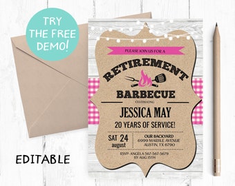 Bewerkbaar pensioen BBQ Uitnodiging, Pensioen BBQ Party Uit te nodigen, pensionering BBQ Instant Download, Pensioen Vrouwen Bbq, Barbecue Uitnodiging,