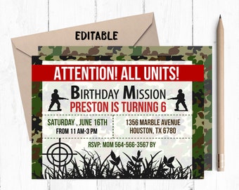 Army Birthday Invitation, Army Birthday Party, Army Birthday Invitations, Camouflage Invitations, Camo Invites, Army theme party, Army, Camo