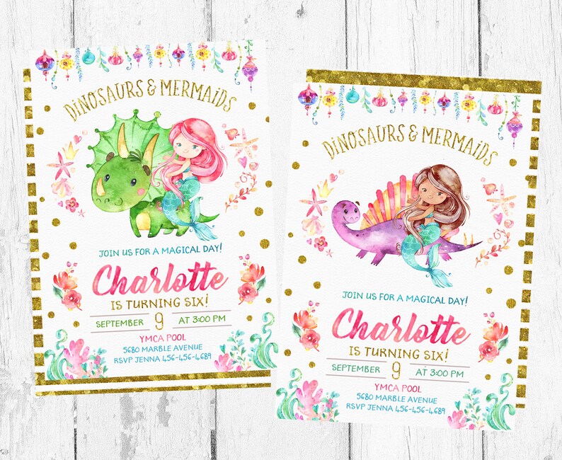 Dinosaurs And Mermaids Invitations Dinosaurs Mermaids Etsy