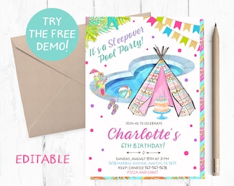 Teepee Pool Birthday Invitation, Editable Template (5x7 inches)