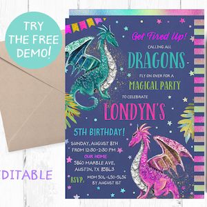 Modèle d’invitation Dragons modifiable, Invitation Dragon Violet, Invitation à la fête d’anniversaire Des Dragons Conjoints, Modèle Instantané Dragons, Instantané,