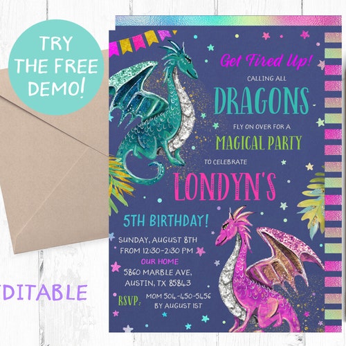 Editable Purple Dragon Invitation Girl Dragon Birthday Party - Etsy