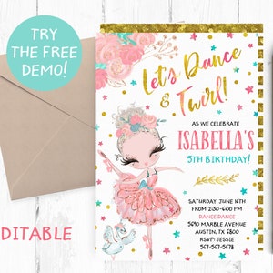 Bearbeitende Tanz-Einladung, Dancing Blonde Girl Einladung, Blonde Ballerina Editable Vorlage, Dancing Birthday Party Invites, Instant,