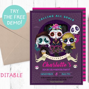 Invitación editable día de la fiesta muerta, invitación de fiesta del Día de los Muertos, Descarga instantánea del Día de los Muertos, Invitación del Día de Muertos, Chica
