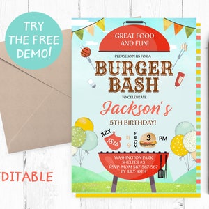 Editable Burger Bash Invitation, Boy Burger Birthday Party Invitation Template, Burger BBQ Invitation, BBQ Editable Template Boy, Instant,
