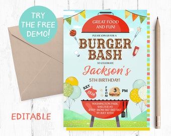 Editable Burger Bash Birthday Invitation Template (5x7 inches)