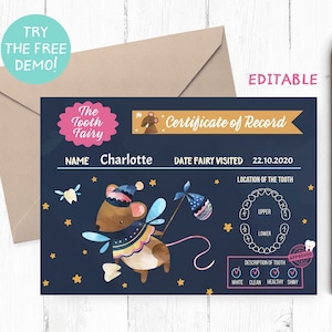 EDITABLE Mice Tooth Fairy Record, Certificato di Fata dei Denti, Modello Fata Denti mico, Ricevuta Fata Denti mic, Download istantaneo,