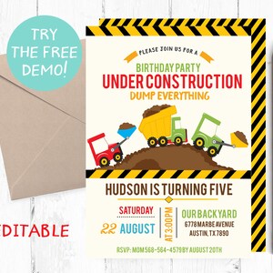 Puede incluir: Una invitaci&oacute;n de cumplea&ntilde;os con tem&aacute;tica de construcci&oacute;n. La invitaci&oacute;n presenta un borde amarillo y negro, con ilustraciones de veh&iacute;culos de construcci&oacute;n. El texto incluye "Under Construction" y detalles de la fiesta.