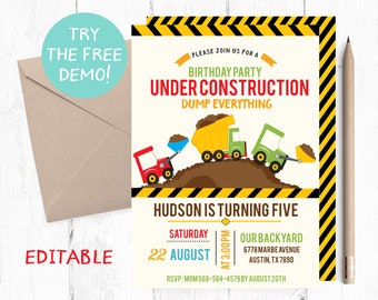 Construction Birthday invitation, Construction Invites, Construction Invitations, Under Construction Birthday Party Boy, Dump Everything,