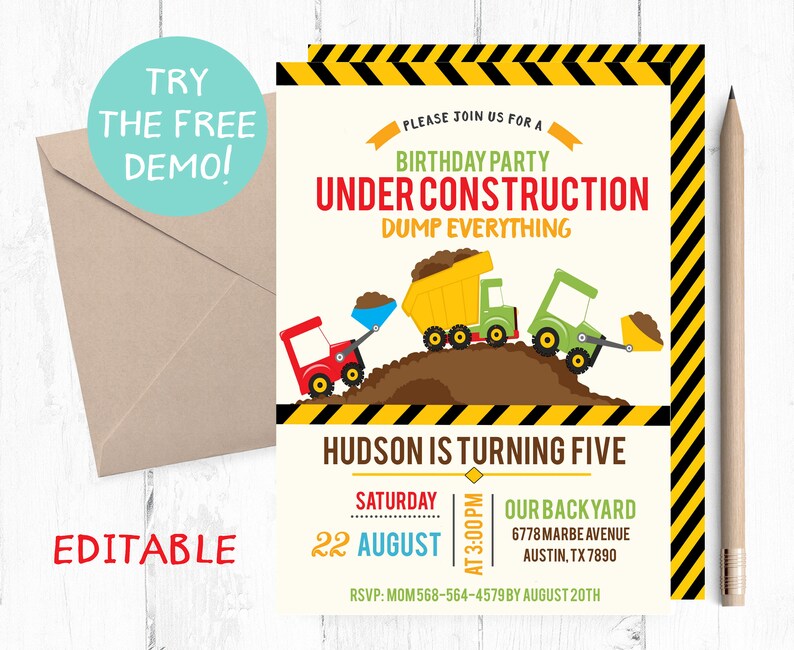 Puede incluir: Una invitaci&oacute;n de cumplea&ntilde;os con tem&aacute;tica de construcci&oacute;n. La invitaci&oacute;n presenta un borde amarillo y negro, con ilustraciones de veh&iacute;culos de construcci&oacute;n. El texto incluye "Under Construction" y detalles de la fiesta.